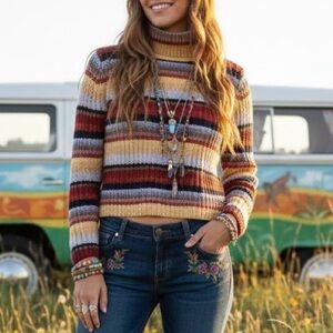 Retro Striped Turtleneck Cropped Sweater Chunky Knit 70s Vibe Rainbow Y2K Grunge